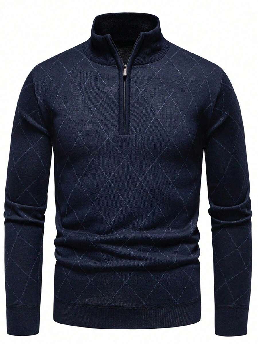 Manfinity Mode Plus Size Men's Plaid Quarter Zip Sweater, Autumn, Old Money, Long Sleeve Top