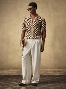 AKNOTIC Business Casual 男士时尚休闲基本款亚麻直筒裤 - 米色 - 查看 2