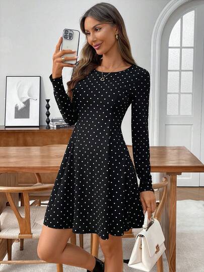 EMERY ROSE Women's Casual Commuter Polka Dot Print Mini Dress,Fall