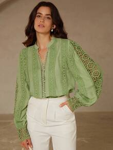 Aveloria Rosie Romantic French Style Lace Patchwork Women Blouse, V-Neck Lantern Sleeve Hollow Embroidered Long Sleeve Shirt Fall Cloth For Women