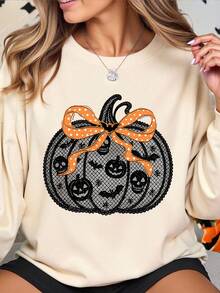 EMERY ROSE 大码万圣节南瓜印花圆领长袖羊毛运动衫