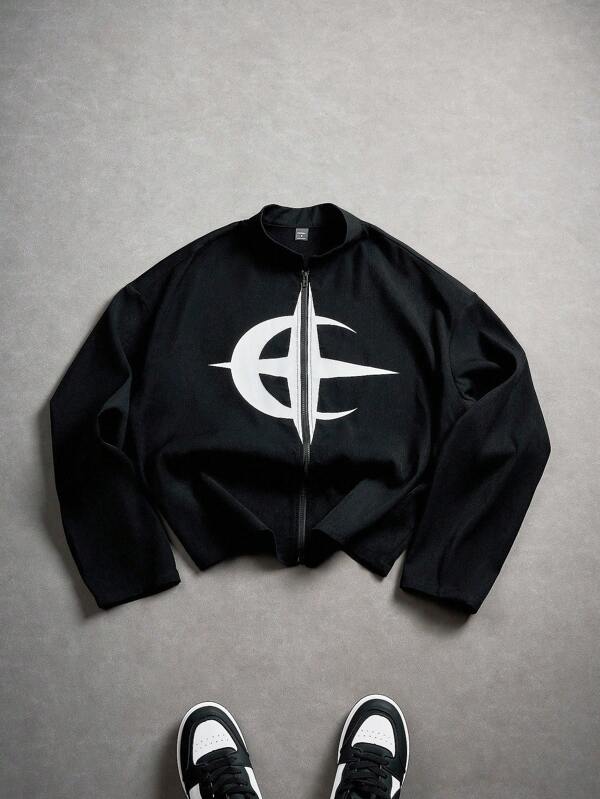 Manfinity EMRG 男士月亮印花长袖前拉链休闲夹克、短款拉链夹克、图案拉链夹克、街头风格夹克、黑色短款夹克男士、黑色图案夹克、短款夹克、哥特拉链、秋季