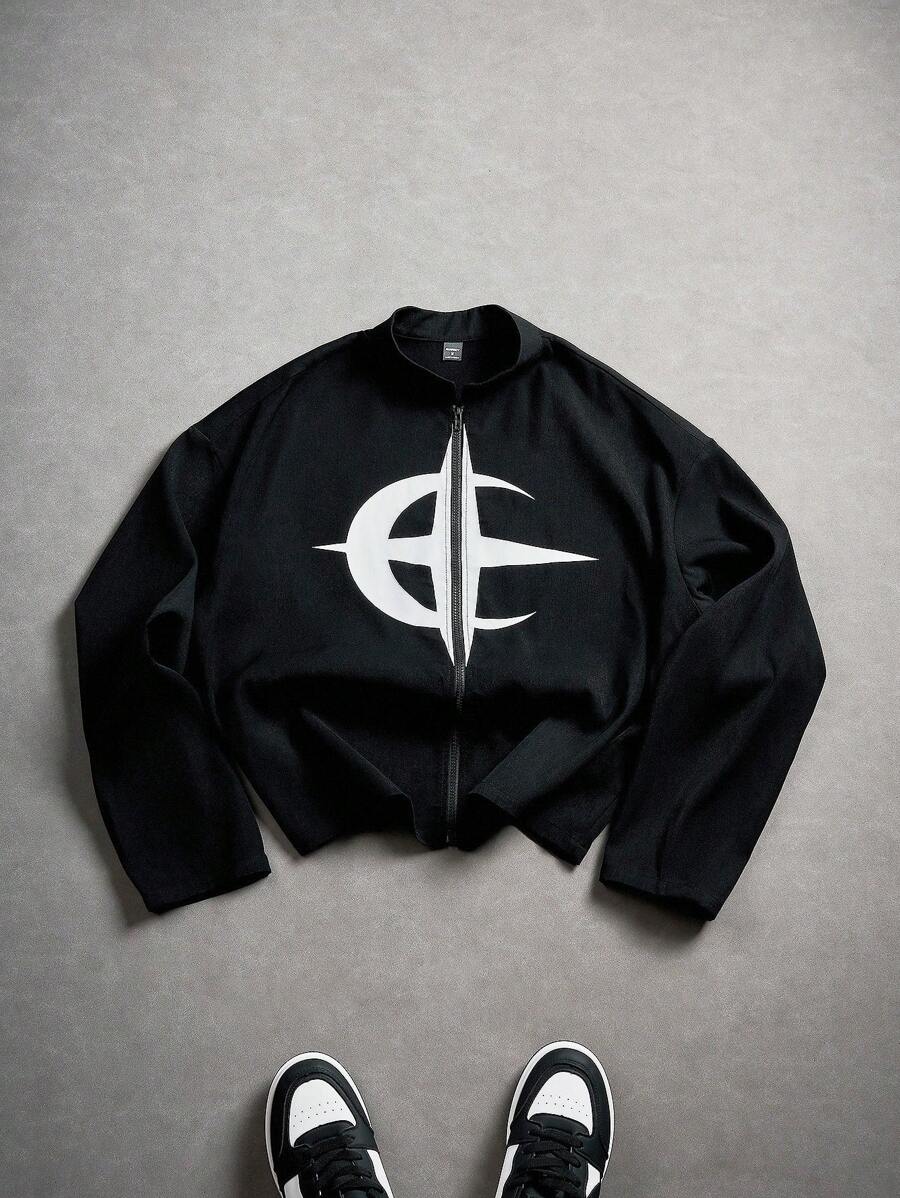 Manfinity EMRG 男士月亮印花长袖前拉链休闲夹克、短款拉链夹克、图案拉链夹克、街头风格夹克、黑色短款夹克男士、黑色图案夹克、短款夹克、哥特拉链、秋季 - 黑色 - 查看 1
