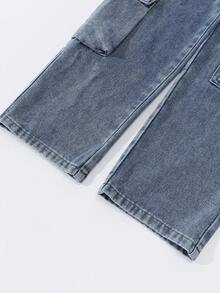 Tween Boy 休闲松紧腰多口袋浅色水洗蓝色直筒工装牛仔裤，百搭 - 淺色水洗藍 - 查看 6