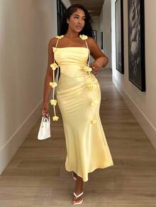 Alexandranx Váy đi nghỉ hở lưng họa tiết hoa mùa xuân hè cho nữ, váy dự tiệc, váy dự tiệc cưới - Màu vàng - Xem 4