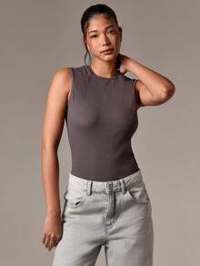 AiiRZ Wide Shoulder Ribbed Tank Top High Neck Basic Sleeveless Body Fitted Classic Essential Layering Summer Spring Top - Dark Grey - View 4