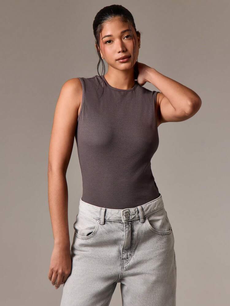High Neck Ribbed Tank Top With Wide Shoulders