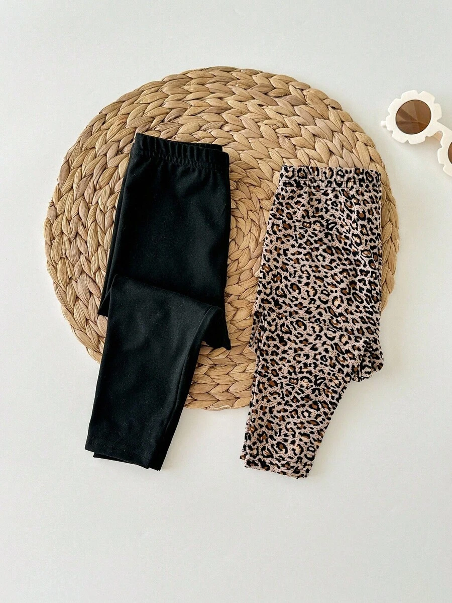 SHEIN 2 件 Babygirl 休闲豹纹松紧腰针织裤，百搭秋冬 - 彩色 - 查看 1