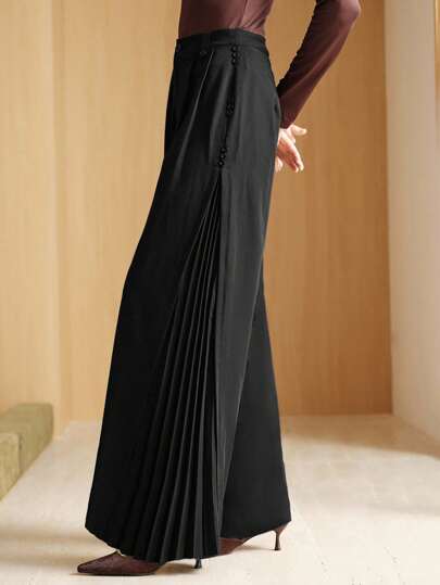 Uhlyne 女装新款宽松休闲通勤极简裤，垂坠简约休闲裤，褶饰纽扣梭织办公室工作裤女，日常穿着长裤