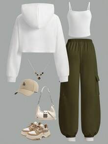 Sparklyn 3pcs/Set Casual Loose Letter Print Hoodie Sweatshirt, Knit Camisole, And Green Knit Cargo Pants For Teenage Girls, Suitable For Spring, Autumn And Winter Fall