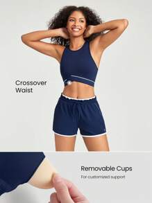 GLOWMODE Sleeveless Contrast Striped Racerback Cropped Sports Tank Low Impact Yoga Studio Gym Daily Summer - Navy Blue - View 3