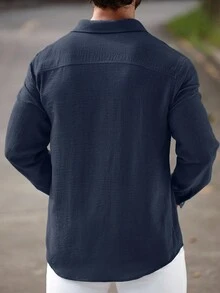 Manfinity CasualCool 男士休闲纯色前扣长袖衬衫，秋季男士夏季海军蓝度假衬衫，秋季 - 寶藍色 - 查看 2