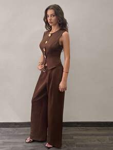 SHEIN Unity Women's Summer Sleeveless Casual Gold Button Blouse & Flowy Trousers - Brown - View 3