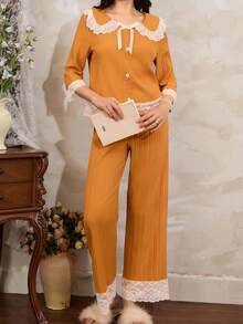Côtesoire 法国南部优雅长袖和裤子女士睡衣套装，秋冬，秋季服装 - 黃色 - 查看 5