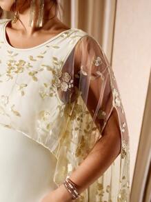 Cravure Plus Size Women's Round Neck Cinched Waist Mesh Bodycon Dress, Flattering Fit, Versatile Fashion, Suitable For Daily Wear, Parties, And Special Occasions