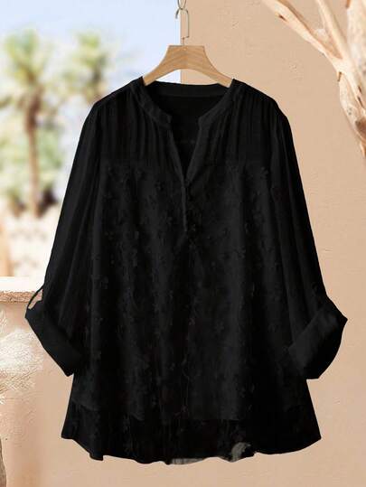 Lacomfia Plus Size Women Adjustable 3/4 Sleeve Bamboo Knit Mesh Floral Embroidery Casual Blouse Fall Cloth For Women