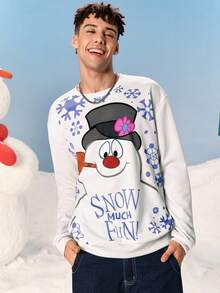 Frosty the Snowman X SHEIN Men's Casual Snowman Pattern Crew Neck Sweatshirt, Autumn - White - View 4
