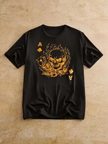 Manfinity NXTstreet Men's Casual Everyday Skeleton Illustration Print T-Shirt Men Skull Tshirt Gold Graphic Tee Men Ace Of Spades T Shirt Men Occult Men Tshirt Black And Gold T Shirt Men - Black - View 6