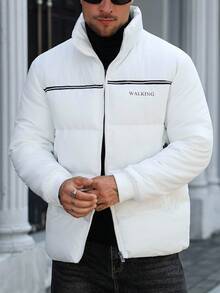 Manfinity CasualCool 男士长袖字母条纹拉链休闲冬季羽绒服，白色外套，秋季 - 白色 - 查看 4