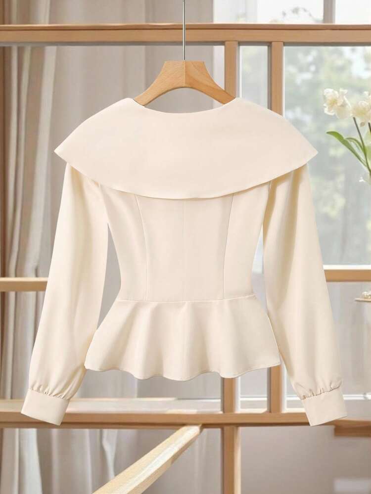 SHEIN Franclia Blusa de mujer de manga larga, de unicolor, elegante y estilizadora, versátil, de otoño - Beis - Añade 2