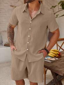 ResortEase Plus Size Men's Casual Textured Solid Color Short Sleeve Shirt And Shorts Set, Summer, Cozy Outfits - Rusty Rose - View 4