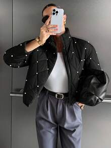 Siren Gaze Pearl Quilted Padded Coat, Winter Jacket For Women , Women Autumn/Winter Black Casual - Black - View 6