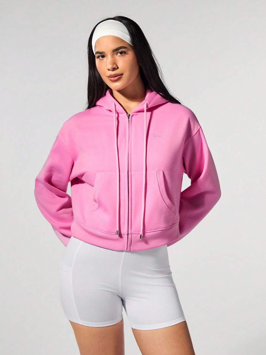Fluxe Casual Solid Color Knit Cropped Long Sleeve Fitted Hooded Women Sweatshirt Jacket In Fall/Winter - Baby Pink - View 1