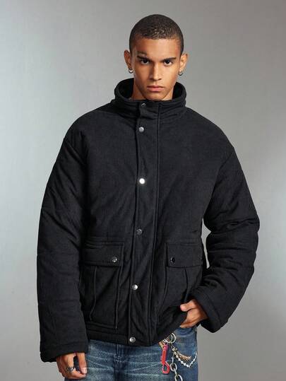 Street Life Veste décontractée d'hiver pour hommes en velours côtelé, col zippé, manches longues, couleur unie