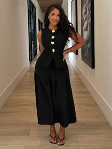 Alexandranx مجموعة قطعتين حريمي من الفستان الطويل والسترة البديلة الأنيقة بأزرار كبيرة بلا أكمام للربيع والصيف، طابع مهني وكاجوال - الأسود - مشاهدة 1