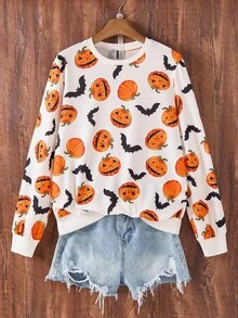 Women's Sweatshirt, New Round Neck Sweatshirt, White Digital Printing Pumpkin Smiling Face & Bat Digital Print, Halloween, Mother-Daughter Matching Fall Cloth For Women - Multicolor - View 7