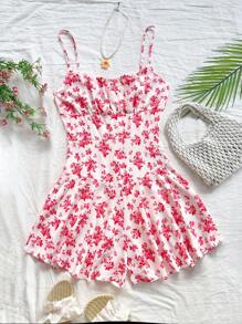 Soleia Ditsy Floral Print Ruched Bust Cami Romper - Red - View 3