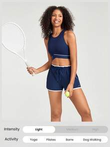 GLOWMODE Sleeveless Contrast Striped Racerback Cropped Sports Tank Low Impact Yoga Studio Gym Daily Summer - Navy Blue - View 6