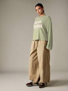 MISSGUIDED 阔腿亚麻质感阔腿裤，松紧腰带抽绳设计，休闲沙滩度假夏季居家裤，宽松泡泡裤脚，圣诞节风格 - 綠色 - 查看 5