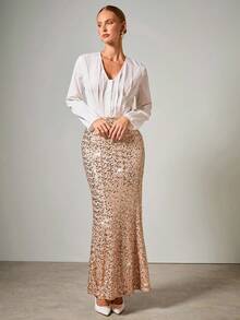 COSMINA Women's Elegant Sequin Mermaid Hem Skirt, Autumn Gold Sequin Skirt Sequin Maxi Skirt Sequin Mermaid Skirt - Champagne - View 3