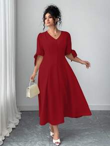 Elenzga Plus Size Women's Solid Color Button Design V-Neck Bowknot Short Sleeve Elegant Dress - Red - View 3