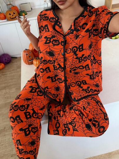 SHEIN Halloween Element Graphic Print Cardigan & Shorts Pajama Set, Plus Size