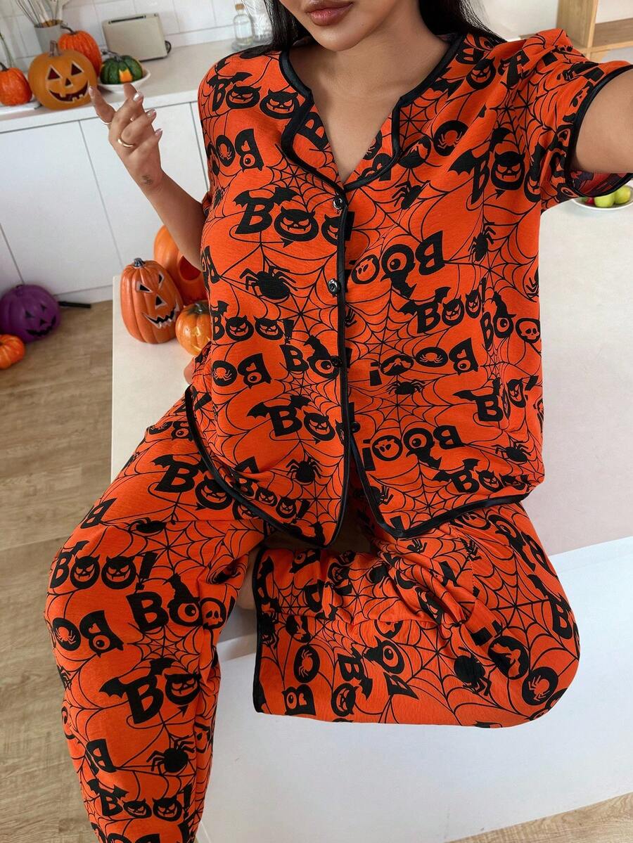 SHEIN Halloween Element Graphic Print Cardigan & Shorts Pajama Set, Plus Size - Orange - View 1