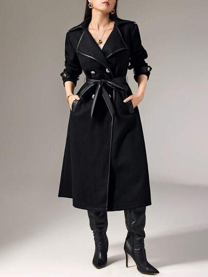 Heiryn 女式纯色双排扣系带长袖大衣