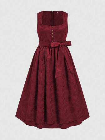 Fairmaia Vestido de línea A con cuello de barco, cinturón y estampado jacquard, estilo tradicional alemán, tallas grandes para mujer