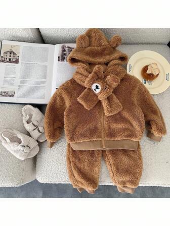 2pcs Baby Girl Knitted Solid Color Fluffy Hooded Casual Top And Pants Set With Scarf