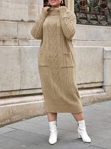 EURMUSE PLUS SIZE SPEACIAL DESIGN SWEATER DRESS Comfortable Dress Modest Dress - Beige - View 3
