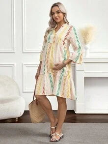 SHEIN Pregnant Women's Line Print Notched Neck Flare Sleeve Ruffle Hem Dress