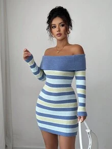 Selianne Multicolor Striped Off Shoulder Long Sleeve Striped Waist Fitted Elegant Romantic Knit Dress For Women - Multicolor - View 3