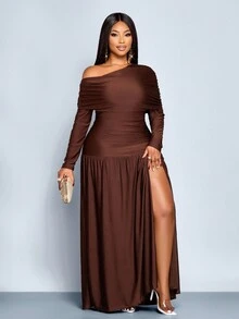 SOLERSUN Vestido largo de punto con abertura frontal, cuello de parche, hombro descubierto, manga larga y plisado en el borde para mujeres de talla grande. Ideal para fiestas, citas, graduación, boda, Halloween, Navidad y Año Nuevo - Café integral - Ver 5