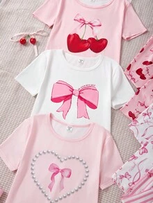 6pcs Girls Cherry & Heart Butterfly Print Pajama Set, Casual Homewear - Multicolor - View 7