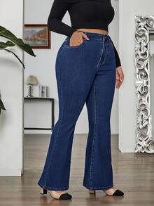 SHEIN Tall CURVE 大码秋冬返校季万圣节圣诞节街头风商务休闲女装乡村复古低调老钱商务休闲女装工作服教师装女装教堂装女装保暖内衬牛仔裤日常穿着经典蓝色喇叭牛仔裤，舒适贴合，设计时尚女式弹力牛仔时尚喇叭牛仔裤，打造日常优雅造型 - 藍色 - 查看 8