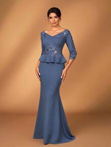Serin Elegant Luxurious Dusty Blue Spring Formal Wedding Embroidered Lace Stretch Knit Mermaid Skirt Sleeve,Suitable For Galas,Mother Of The Bride Dresses - Blue - View 5