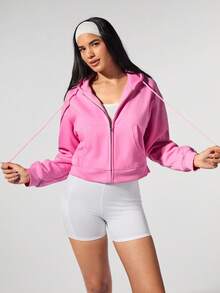 Fluxe Casual Solid Color Knit Cropped Long Sleeve Fitted Hooded Women Sweatshirt Jacket In Fall/Winter - Baby Pink - View 3