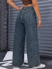 SHEIN ICON Women's High Waist Pocketed Wide Leg Loose Casual Versatile Denim Pants - Blue - View 2