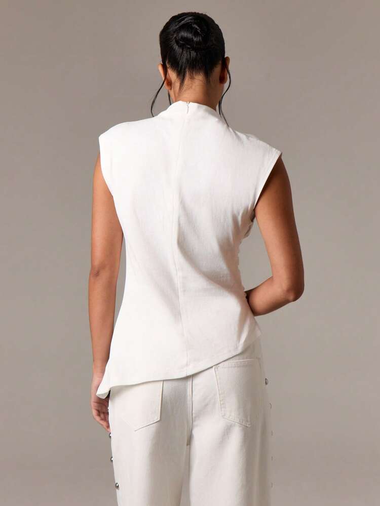 Draped Ruched Mock Neck Sleeveless Top With Asymmetrical Hem